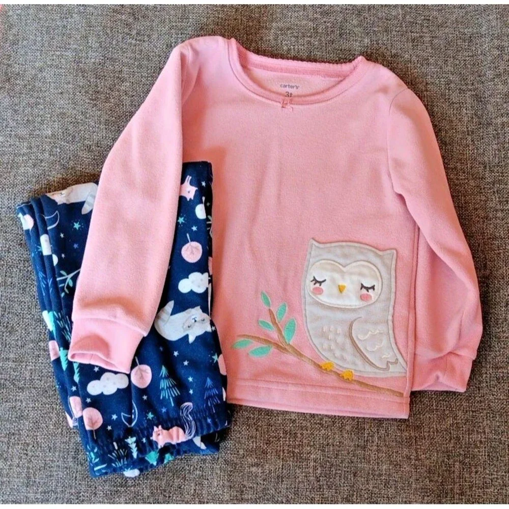Pajamas 3T Girls Carters Pink Blue Fleece Owl  sleepwear Set Long Sleeve